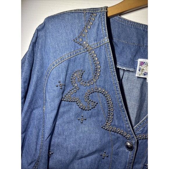 Monique Fashions Shirt Womens Vintage Sz 10 Blue Acid Wash Rhinestone Stud Mode - Picture 3 of 8